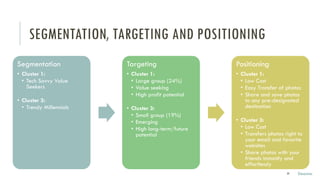 Segmentation
• Cluster 1:
• Tech Savvy Value
Seekers
• Cluster 3:
• Trendy Millennials
Targeting
• Cluster 1:
• Large group (24%)
• Value seeking
• High profit potential
• Cluster 3:
• Small group (19%)
• Emerging
• High long-term/future
potential
Positioning
• Cluster 1:
• Low Cost
• Easy Transfer of photos
• Share and save photos
to any pre-designated
destination
• Cluster 3:
• Low Cost
• Transfers photos right to
your email and favorite
websites
• Share photos with your
friends instantly and
effortlessly
SEGMENTATION, TARGETING AND POSITIONING
Deanna34
 