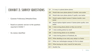 EXHIBIT 2: SURVEY QUESTIONS Q1 It is easy to upload phone photos
Q2 Would take more phone photos if transfer were easier
Q3 Would take more phone photos if quality were better
Q4 Would replace digital camera if phone transfer were
easier
Q5 Would replace digital camera if phone photo quality were
better
Q6 I value saving phone photos so they are not lost
Q7 I value sending photos by email
Q8 I value having photos on my desktop
Q9 I value sharing photos on Facebook, etc.
Q10 When deciding on new tech, easy setups is a factor
Q11 When new technologies emerge, I’m first to adopt
Q12 When buying new tech, I search for best price
Q13 Monthly Fee
• Customer Preference/Attitudinal Data
• Based on customer answers to the questions
reported in Exhibit 1
• Six clusters identified
8 Julissa
 