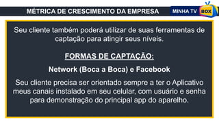 MÉTRICA DE CRESCIMENTO DA EMPRESA
Seu cliente também poderá utilizar de suas ferramentas de
captação para atingir seus níveis.
FORMAS DE CAPTAÇÃO:
Network (Boca a Boca) e Facebook
Seu cliente precisa ser orientado sempre a ter o Aplicativo
meus canais instalado em seu celular, com usuário e senha
para demonstração do principal app do aparelho.
 