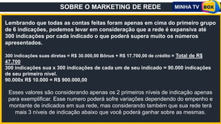 SOBRE O MARKETING DE REDE
Lembrando que todas as contas feitas foram apenas em cima do primeiro grupo
de 6 indicações, podemos levar em consideração que a rede é expansiva até
300 indicações por cada indicado o que poderá supera muito os números
apresentados.
300 indicações suas diretas = R$ 30.000,00 Bônus + R$ 17.700,00 de crédito = Total de R$
47.700
300 indicações sua x 300 indicações de cada um de seu indicado = 90.000 indicações
de seu primeiro nível.
90.000x R$ 10.000 = R$ 900.000,00
Esses valores são considerando apenas os 2 primeiros níveis de indicação apenas
para exemplificar. Esse numero poderá sofre variações dependendo do empenho e
montante de indicados em sua rede, mas considerando também que sua rede terá
mais 3 níveis de indicação abaixo que você poderá ganhar sobre as mesmas.
 