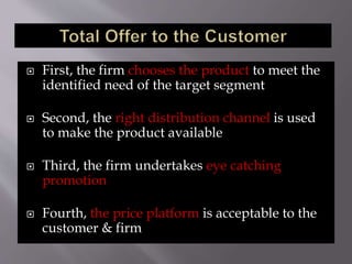  First, the firm chooses the product to meet the
identified need of the target segment
 Second, the right distribution channel is used
to make the product available
 Third, the firm undertakes eye catching
promotion
 Fourth, the price platform is acceptable to the
customer & firm
 