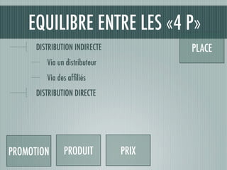 EQUILIBRE ENTRE LES «4 P»
      DISTRIBUTION INDIRECTE          PLACE
         Via un distributeur
         Via des afﬁlié...