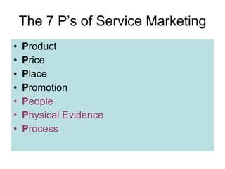 The 7 P’s of Service Marketing P roduct P rice P lace P romotion P eople P hysical Evidence P rocess 
