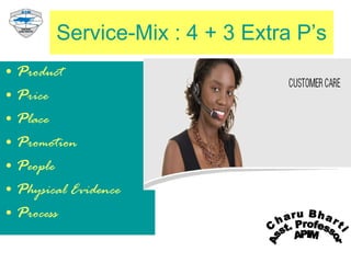Service-Mix : 4 + 3 Extra P’s P roduct P rice P lace P romotion P eople P hysical Evidence P rocess Charu Bharti Asst. Professor APIM 