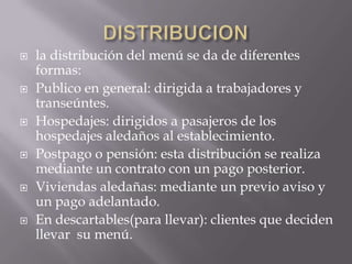 











la distribución del menú se da de diferentes
formas:
Publico en general: dirigida a trabajadores y
transeúntes.
Hospedajes: dirigidos a pasajeros de los
hospedajes aledaños al establecimiento.
Postpago o pensión: esta distribución se realiza
mediante un contrato con un pago posterior.
Viviendas aledañas: mediante un previo aviso y
un pago adelantado.
En descartables(para llevar): clientes que deciden
llevar su menú.

 