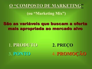 O “COMPOSTO DE MARKETING” 
(ou “Marketing Mix”) 
São as variáveis que buscam a oferta 
mais apropriada ao mercado alvo 
1. PRODUTO 2. PREÇO 
3. PONTO 4. PROMOÇÃO 
 