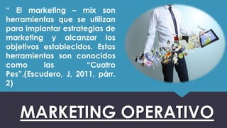 MARKETING OPERATIVO
“ El marketing – mix son
herramientas que se utilizan
para implantar estrategias de
marketing y alcanzar los
objetivos establecidos. Estas
herramientas son conocidos
como las “Cuatro
Pes”.(Escudero, J, 2011, párr.
2)
 