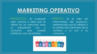 MARKETING OPERATIVO
◦ PRODUCTO: Es cualquier
bien, servicio o idea que se
oferta en un mercado para
su adquisición uso o
consumo que pueda
satisfacer una necesidad.
◦ PRECIO: Es el valor de
intercambio del producto,
determinado por la utilidad o
la satisfacción derivada de la
compra y su uso o su
consumo.
 