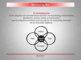 Marketing Mix
@neuSoler
El marketing mix
es el conjunto de herramientas tácticas de marketing controlables
(producto, precio, plaza y promoción)
que la empresa combina para producir la respuesta deseada
en el mercado objetivo.
 