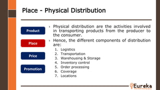 Place - Physical Distribution
› Physical distribution are the activities involved
in transporting products from the producer to
the consumer.
› Hence, the different components of distribution
are:
1. Logistics
2. Transportation
3. Warehousing & Storage
4. Inventory control
5. Order processing
6. Coverage
7. Locations
Product
Place
Price
Promotion
 