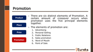 Promotion
› There are six distinct elements of Promotion. A
certain amount of crossover occurs when
promotion uses the five principal elements
together.
› The elements of promotion are:
1. Advertising
2. Personal Selling
3. Public Relations
4. Sales promotion
5. Word of Mouth
6. Point of Sale
Product
Place
Price
Promotion
 