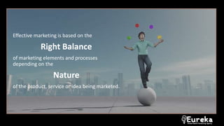 Effective marketing is based on the
Right Balance
of marketing elements and processes
depending on the
Nature
of the product, service or idea being marketed.
 