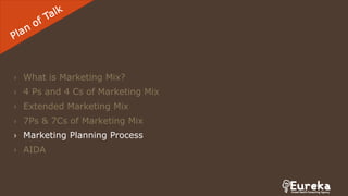› What is Marketing Mix?
› 4 Ps and 4 Cs of Marketing Mix
› Extended Marketing Mix
› 7Ps & 7Cs of Marketing Mix
› Marketing Planning Process
› AIDA
 