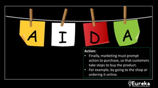 I D
Action:
• Finally, marketing must prompt
action to purchase, so that customers
take steps to buy the product.
• For example, by going to the shop or
ordering it online.
 