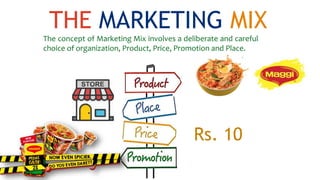 THE MARKETING MIX
The concept of Marketing Mix involves a deliberate and careful
choice of organization, Product, Price, Promotion and Place.
Rs. 10
 
