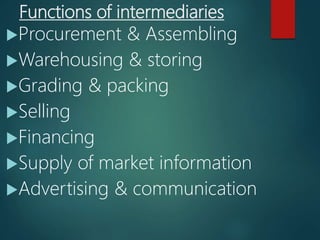 Functions of intermediaries
Procurement & Assembling
Warehousing & storing
Grading & packing
Selling
Financing
Supply of market information
Advertising & communication
 