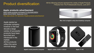 Product diversification
Apple started as
computer company,
however in the last
decade a large
variety of successful
products have been
launched and
introduced in the
market.
All the products
reflect the same
minimal design.
All the following pictures represent the variety of Apple Products
- Pictures from The Professional's Source, June 2017
Apple's most powerful computer Apple's watch, built-in cellular Apple TV 4K
Mac mini is Apple's entry-level desktop computer
Apple products advertisement
https://www.youtube.com/watch?v=ZpUfqKU5EE4
Mobile World INDIA, September 2016
This video shows 107 seconds of Apple products advertisement
 