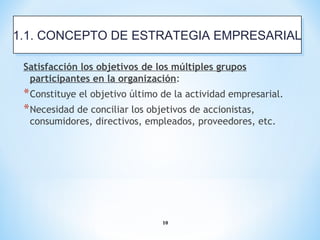10
Satisfacción los objetivos de los múltiples grupos
participantes en la organización:
*Constituye el objetivo último de la actividad empresarial.
*Necesidad de conciliar los objetivos de accionistas,
consumidores, directivos, empleados, proveedores, etc.
1.1. CONCEPTO DE ESTRATEGIA EMPRESARIAL1.1. CONCEPTO DE ESTRATEGIA EMPRESARIAL
 