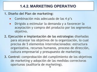 26
Puesta en marcha de las estrategias previamente definidas:
1. Diseño del Plan de marketing:
• Combinación más adecuada de las 4 p’s
• Dirigido a estimular la demanda y a favorecer la
aceptación y compra del producto por los segmentos
objetivo.
2. Ejecución e implantación de las estrategias diseñadas
para alcanzar los objetivos de la organización, lo cual
precisa de 5 elementos interrelacionados: estructura
organizativa, recursos humanos, proceso de dirección,
cultura empresarial y presupuesto de marketing.
3. Control: comprobación del cumplimiento de los objetivos
de marketing y adopción de las medidas correctoras
oportunas (auditoría de marketing).
1.4.2. MARKETING OPERATIVO1.4.2. MARKETING OPERATIVO
 