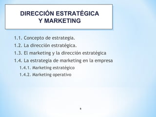 6
1.1. Concepto de estrategia.
1.2. La dirección estratégica.
1.3. El marketing y la dirección estratégica
1.4. La estrategia de marketing en la empresa
1.4.1. Marketing estratégico
1.4.2. Marketing operativo
DIRECCIÓN ESTRATÉGICA
Y MARKETING
DIRECCIÓN ESTRATÉGICA
Y MARKETING
 