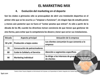 EL MARKETING MIX
4. Evolución del marketing en el deporte
Son los clubes o gimnasios sólo se preocupaban de abrir una instalación deportiva en el
primer sitio que se les ocurría y a “empezar a funcionar”, sin ningún tipo de estudio previo
y menos aún posterior que no fuera el “contar pesetas que entran”. Es sólo a partir de la
década de los 80, cuando los directivos toman conciencia de que tienen que gestionar de
otra forma, para evitar que la competencia les devore y tener que cerrar sus instalaciones.
Década Aspecto principal Actuación de la empresa
50 y 60 Producción a bajos costes
Los clientes consumían lo que convenía a la
empresa
70 Consecución de patrocinadores
80 Cuida la Calidad y el Servicio Atención a segmentos específicos
90 Marketing individual
Se dirige a los intereses de grupos determinados
de clientes
 