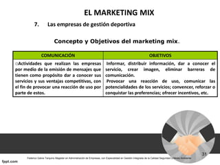 EL MARKETING MIX
7. Las empresas de gestión deportiva
Concepto y Objetivos del marketing mix.
COMUNICACIÓN OBJETIVOS
Actividades que realizan las empresas
por medio de la emisión de mensajes que
tienen como propósito dar a conocer sus
servicios y sus ventajas competitivas, con
el fin de provocar una reacción de uso por
parte de estos.
-Informar, distribuir información, dar a conocer el
servicio, crear imagen, eliminar barreras de
comunicación.
-Provocar una reacción de uso, comunicar las
potencialidades de los servicios; convencer, reforzar o
conquistar las preferencias; ofrecer incentivos, etc.
 