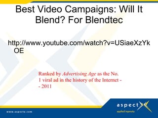 Best Video Campaigns: Will It
Blend? For Blendtec
http://www.youtube.com/watch?v=USiaeXzYk
OE
Ranked by Advertising Age as...