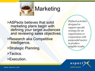 Marketing
>ASPectx believes that solid
marketing plans begin with
defining your target audiences
and reviewing sales objec...