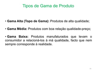 Tipos de Gama de Produto
• Gama Alta (Topo de Gama): Produtos de alta qualidade;
• Gama Média: Produtos com boa relação qualidade-preço;
• Gama Baixa: Produtos manufaturados que levam o
consumidor a relacioná-los à má qualidade, facto que nem
sempre corresponde à realidade.
14
 