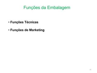 Funções da Embalagem
• Funções Técnicas
• Funções de Marketing
15
 