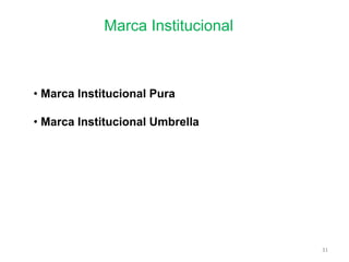 Marca Institucional
31
• Marca Institucional Pura
• Marca Institucional Umbrella
 
