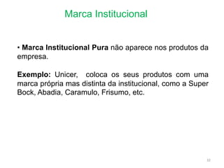 Marca Institucional
32
• Marca Institucional Pura não aparece nos produtos da
empresa.
Exemplo: Unicer, coloca os seus produtos com uma
marca própria mas distinta da institucional, como a Super
Bock, Abadia, Caramulo, Frisumo, etc.
 