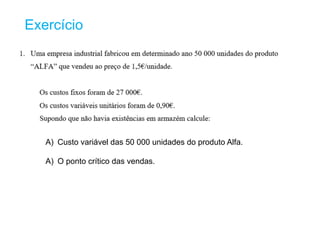Exercício
A) Custo variável das 50 000 unidades do produto Alfa.
A) O ponto crítico das vendas.
 