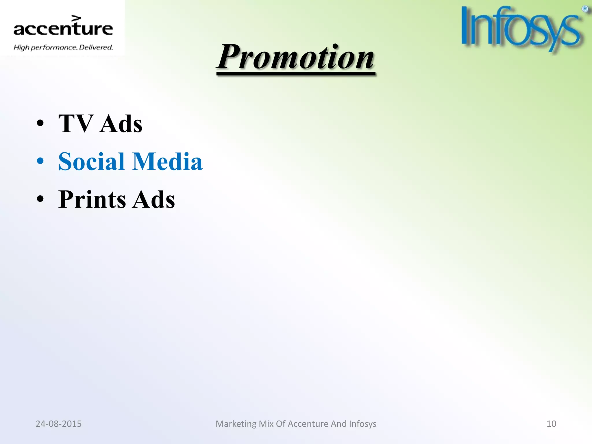 Promotion
• TV Ads
• Social Media
• Prints Ads
Marketing Mix Of Accenture And Infosys24-08-2015 10
 