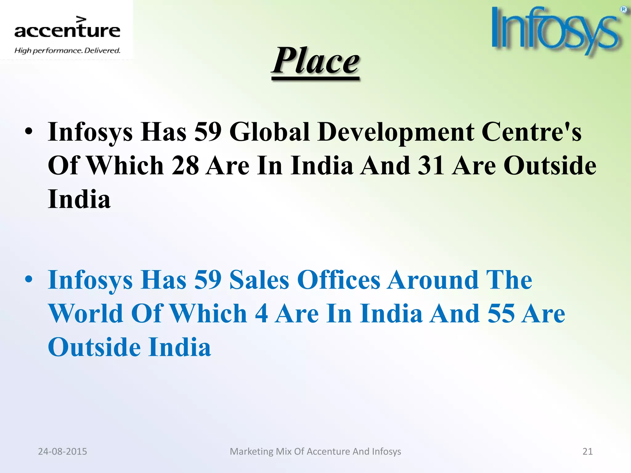 Place
• Infosys Has 59 Global Development Centre's
Of Which 28 Are In India And 31 Are Outside
India
• Infosys Has 59 Sales Offices Around The
World Of Which 4 Are In India And 55 Are
Outside India
Marketing Mix Of Accenture And Infosys24-08-2015 21
 