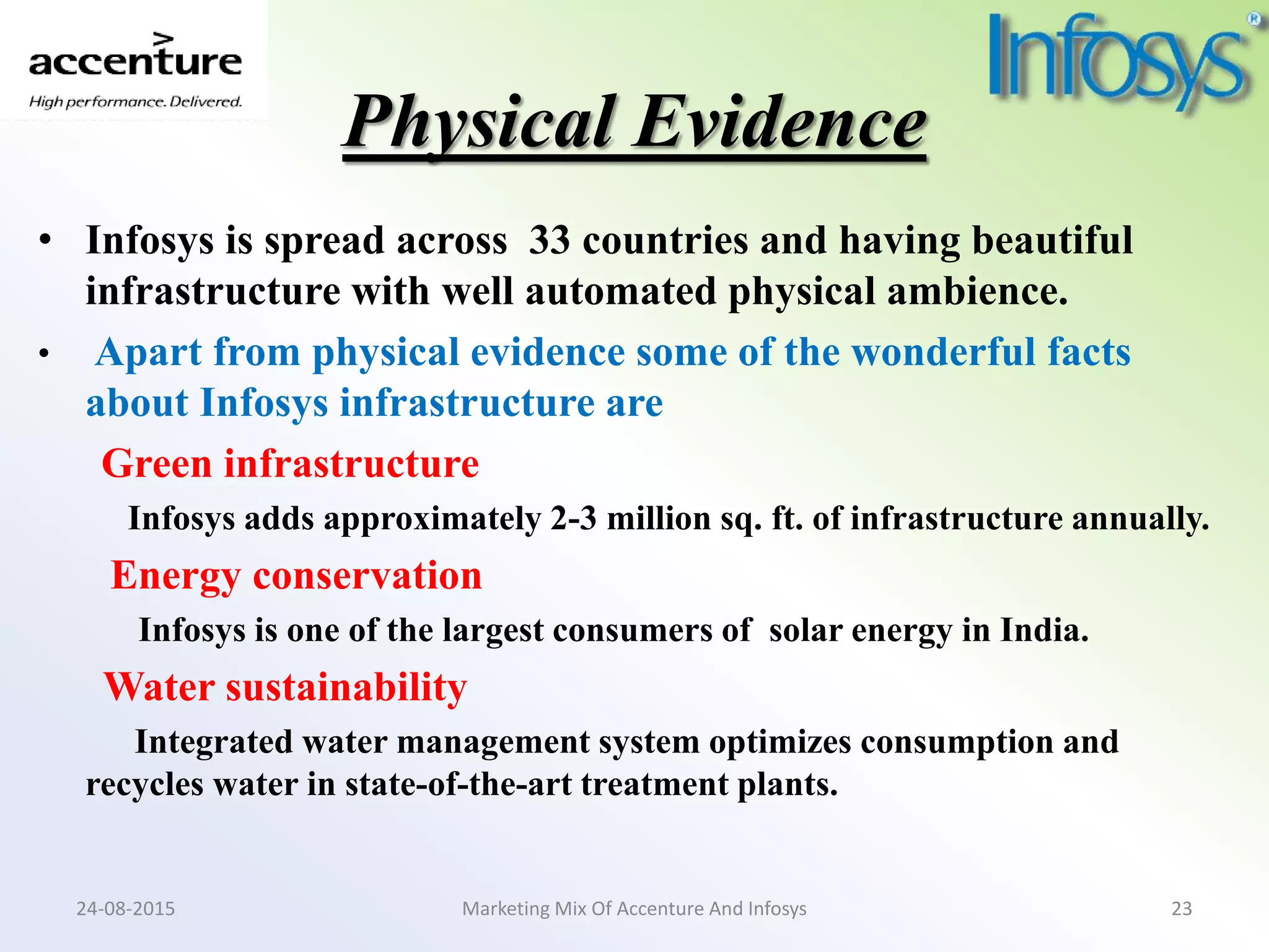 Physical Evidence
• Infosys is spread across 33 countries and having beautiful
infrastructure with well automated physical ambience.
• Apart from physical evidence some of the wonderful facts
about Infosys infrastructure are
Green infrastructure
Infosys adds approximately 2-3 million sq. ft. of infrastructure annually.
Energy conservation
Infosys is one of the largest consumers of solar energy in India.
Water sustainability
Integrated water management system optimizes consumption and
recycles water in state-of-the-art treatment plants.
Marketing Mix Of Accenture And Infosys24-08-2015 23
 