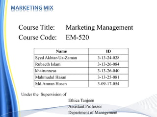 Course Title: Marketing Management
Course Code: EM-520
Name ID
Syed Akhtar-Uz-Zaman 3-13-24-028
Rubaeth Islam 3-13-26-084
khairunnesa 3-13-26-040
Mahmudul Hasan 3-13-25-081
Md.Amran Hosen 3-09-17-054
Under the Supervision of
Ethica Tanjeen
Assistant Professor
Department of Management
 