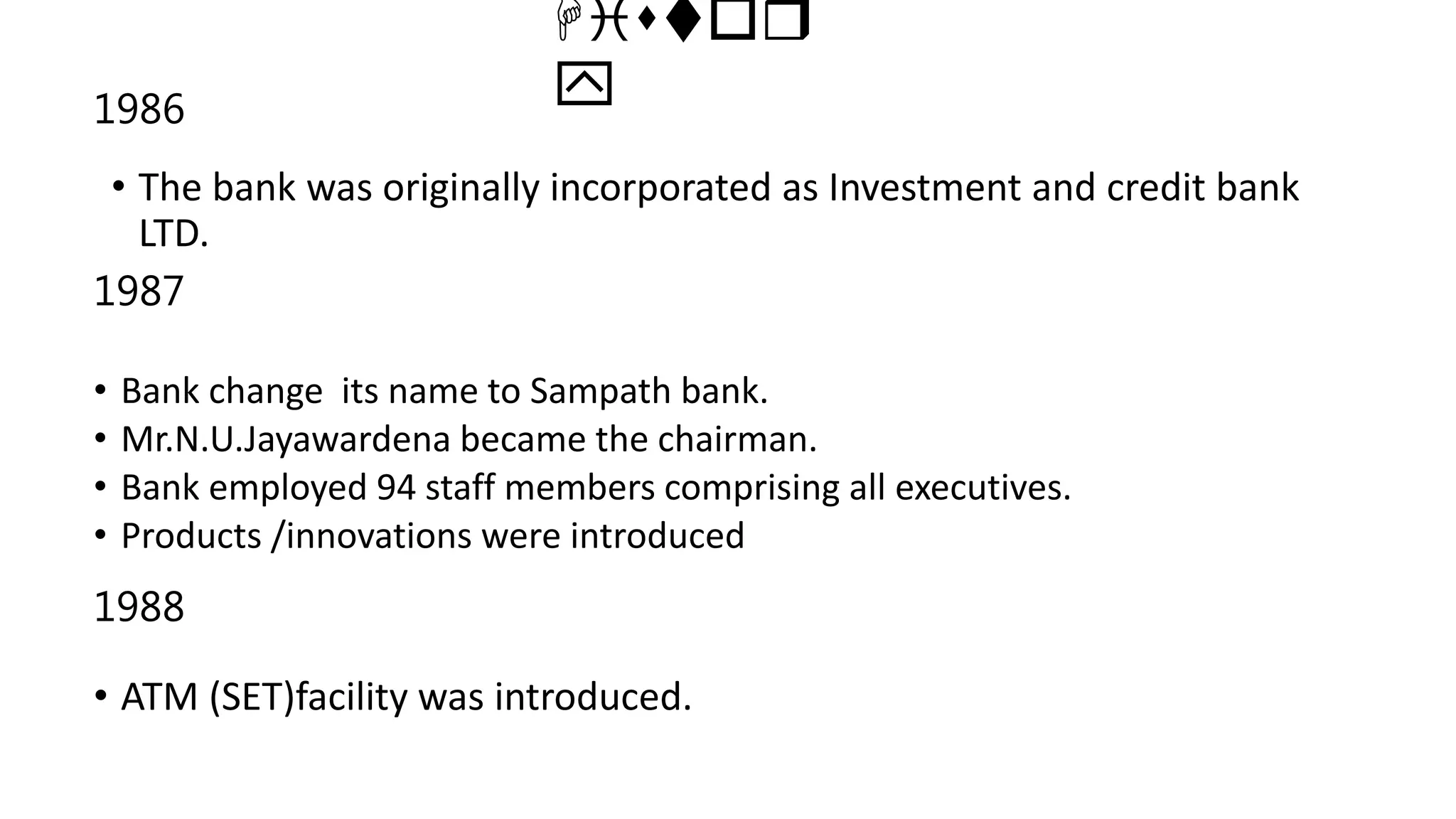 Histor
y
1986
• Bank change its name to Sampath bank.
• Mr.N.U.Jayawardena became the chairman.
• Bank employed 94 staff members comprising all executives.
• Products /innovations were introduced
• ATM (SET)facility was introduced.
• The bank was originally incorporated as Investment and credit bank
LTD.
1987
1988
 