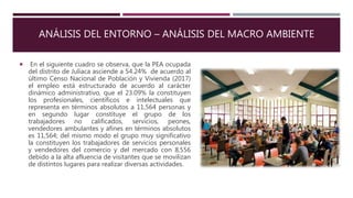 ANÁLISIS DEL ENTORNO – ANÁLISIS DEL MACRO AMBIENTE
 En el siguiente cuadro se observa, que la PEA ocupada
del distrito de Juliaca asciende a 54.24% de acuerdo al
último Censo Nacional de Población y Vivienda (2017)
el empleo está estructurado de acuerdo al carácter
dinámico administrativo, que el 23.09% la constituyen
los profesionales, científicos e intelectuales que
representa en términos absolutos a 11,564 personas y
en segundo lugar constituye el grupo de los
trabajadores no calificados, servicios, peones,
vendedores ambulantes y afines en términos absolutos
es 11,564; del mismo modo el grupo muy significativo
la constituyen los trabajadores de servicios personales
y vendedores del comercio y del mercado con 8,556
debido a la alta afluencia de visitantes que se movilizan
de distintos lugares para realizar diversas actividades.
 