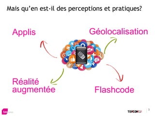 Mais qu’en est-il des perceptions et pratiques?


 Applis                     Géolocalisation




 Réalité
 augmentée                    Flashcode

                                                  3
 