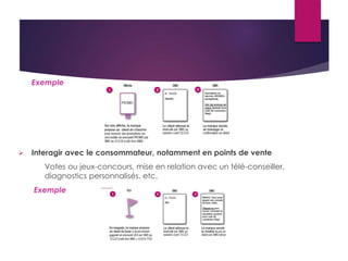 Exemple 
 Interagir avec le consommateur, notamment en points de vente 
Votes ou jeux-concours, mise en relation avec un télé-conseiller, 
diagnostics personnalisés, etc. 
Exemple 
 