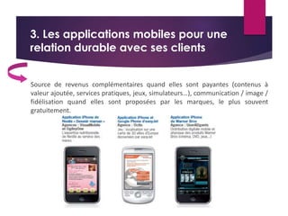 3. Les applications mobiles pour une 
relation durable avec ses clients 
Source de revenus complémentaires quand elles sont payantes (contenus à 
valeur ajoutée, services pratiques, jeux, simulateurs…), communication / image / 
fidélisation quand elles sont proposées par les marques, le plus souvent 
gratuitement. 
 