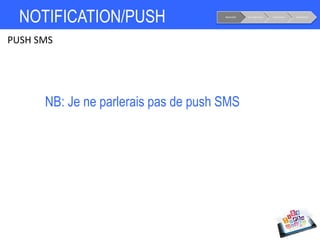 NOTIFICATION/PUSH Notoriété Considération Conversion Fidélisation
PUSH SMS
NB: Je ne parlerais pas de push SMS
 