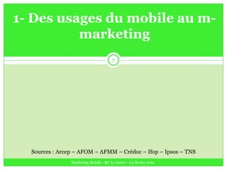 Marketing Mobile - BU Le Havre - 04 février 201071- Des usages du mobile au m-marketingSources : Arcep – AFOM – AFMM – Crédoc – Ifop – Ipsos – TNS