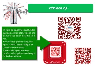 CÓDIGOS QR 
Se trata de imágenes codificadas 
que dan acceso aa UUrrll,, vviiddeeooss,, eettcc 
siempre que estén alojadas en la 
red. 
No obstante, gracias a algunas 
Apps (LAYAR) estos códigos se 
presentan en realidad 
aumentada y pueden tener 
muchas más opciones de las que 
tenías hasta ahora. 
 