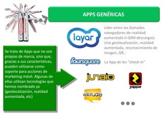 APPS GENÉRICAS 
Se trata de Apps que no son 
propias de marca, sino que, 
Líder entre los llamados 
navegadores de realidad 
aumentada (+30M descargas). 
Une geolocalización, realidad 
aumentada, reconocimiento de 
imagen, QR… 
gracias a sus características, 
pueden utilizarse como 
soporte para acciones de 
marketing móvil. Algunas de 
ellas utilizan tecnologías que 
hemos nombrado ya 
(geolocalización, realidad 
aumentada, etc) 
La App de los “check-in” 
 