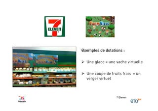 Exemples de dotations :

  Une glace = une vache virtuelle

  Une coupe de fruits frais = un
   verger virtuel



                   7 Eleven
 