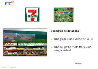 Exemples de dotations :

                       Une glace = une vache virtuelle

                       Une coupe de fruits frais = un
                        verger virtuel



                                         7 Eleven

LE 28.03.12 PAGE 30
 