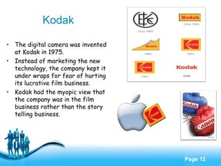 Free Powerpoint Templates
Page 12
Kodak
• The digital camera was invented
at Kodak in 1975.
• Instead of marketing the new
technology, the company kept it
under wraps for fear of hurting
its lucrative film business.
• Kodak had the myopic view that
the company was in the film
business rather than the story
telling business.
 