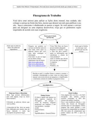 Sandro Neto Ribeiro ® Reprodução e Revenda deste manual permitida desde que citadas as fontes




                                        Fluxograma de Trabalho
          Você deve estar ansioso para aplicar as lições deste manual, mas cuidado, não
          coloque a carroça na frente dos bois, mesmo que demore um mês para publicar o seu
          site, faça-o consciente e obedecendo os passos a seguir. Se você passar o serviço
          para um designer ou uma empresa desenvolver, exija que os parâmetros sejam
          respeitados de acordo com suas exigências.

                                                          Passos para Criação
                                                              do Web Site




Anote aqui as palavras          Pesquise seu produto ou            Visite Web Sites em busca             Anote aqui os botões
 chave em ordem de              serviços na Internet antes de      de um modelo adequado:                 ou itens que você
    importância                 mais nada, anote quais as          Pergunte a si mesmo: o que            gostaria que seu site
                                palavras chaves que você           o meu site deve conter?,                     tivesse
                                usou para conseguir a              quais as informações que
                                informação.                        satisfariam o cliente de
                                Você deve se por no lugar          meus produtos?
                                do seu futuro cliente              anote os botões que devem
                                importantes sites de busca         ter o seu site, por exemplo:
                                http://www.cade.com.br             A empresa
                                http://www.altavista.com           Serviços
                                http://www.radaruol.com.br         Produtos , etc.
                                e


                                       Decida-se qual é a melhor forma e comece a montar o
                                       conteúdo, considerando os itens vistos no início deste
                                       manual, seus textos devem ser pequenos e simplificados
                                       o internauta costuma ler melhor os pequenos textos.



                                                        sua página deve
                                                        conter



    Palavras Chave e Descrição                                                                  Parte Gráfica
Meta Tags prontos diferenciados                     Títulos Fortes                  Uma página deve ser leve e de fácil
para cada página, (veja no inicio         O título é aquele que aparece na          navegação não adianta colocar
deste manual.)                            parte superior esquerda do                recursos avançados se 50% dos
                                          Navegador,       não coloque o            clientes não podem visualizar.
Utilizando as palavras chaves que         nome da Empresa, ninguém                  Esta é uma tendência ridícula, o seu
você recolheu.                            pesquisará sua empresa e sim              cliente não trocara de Navegador
                                          seus produtos, exemplo                    somente para ver suas páginas. Utilize
A descrição do Site deve ser muito        errado                                    imagens não muito grandes e com
bem elaborada pois muitos sites de        General Eletric                           bom grau de compactação (as imagens
busca indexam o meta tag                  certo                                     JPG tem graus de compactação que
description em primeiro lugar.            liquidificadores - General Eletric        podem reduzir até 90% o peso da
                                                                                    imagem.
                                                                                                                 18
 
